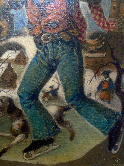 Oil painting Winter day for a walk by Litvinov Oleg Arkadyevich, teal trousers figure on ice skates