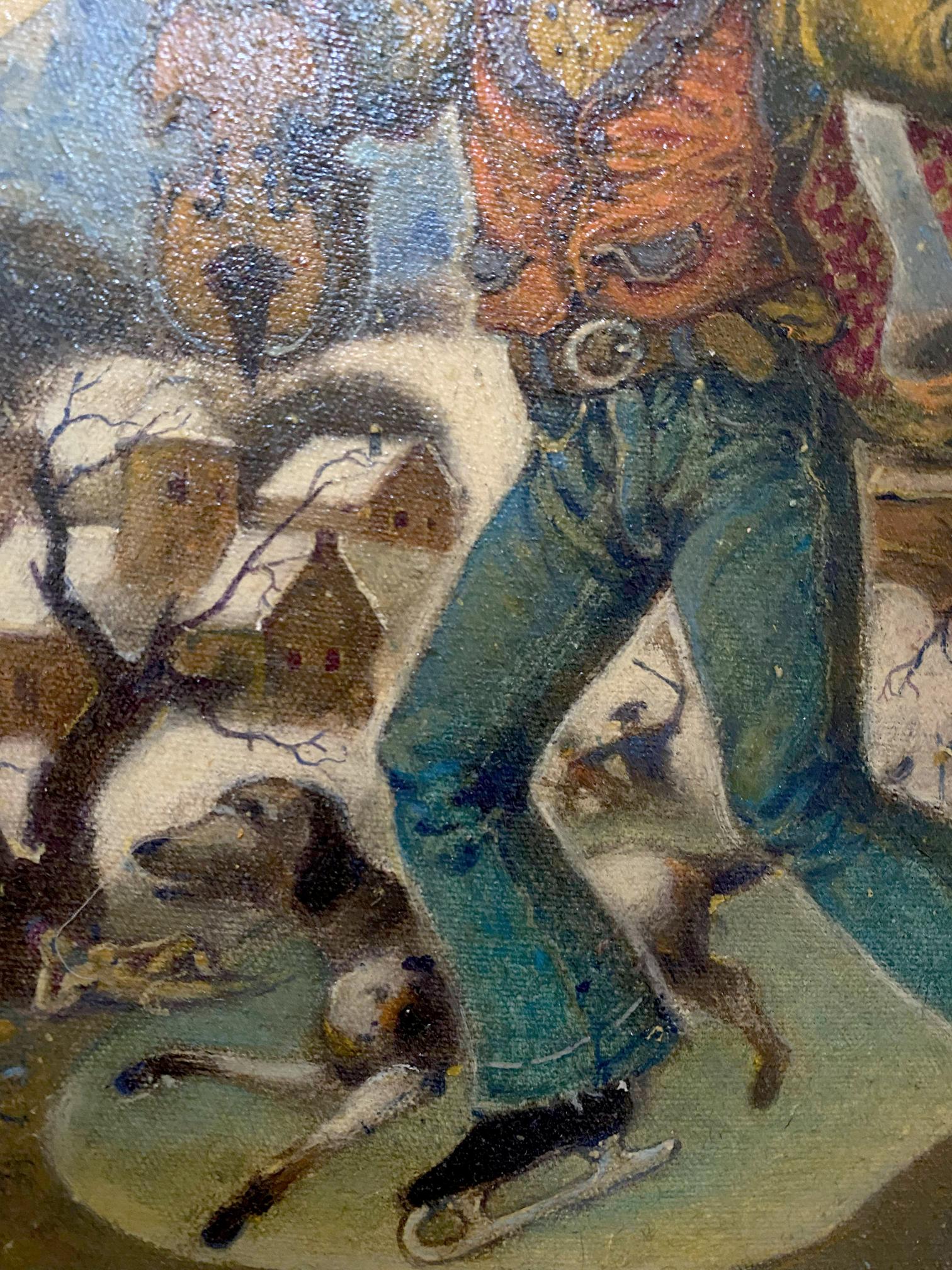 Oil painting by Litvinov Oleg Arkad’yevich: man in teal jeans, orange vest, dogs on ice skates
