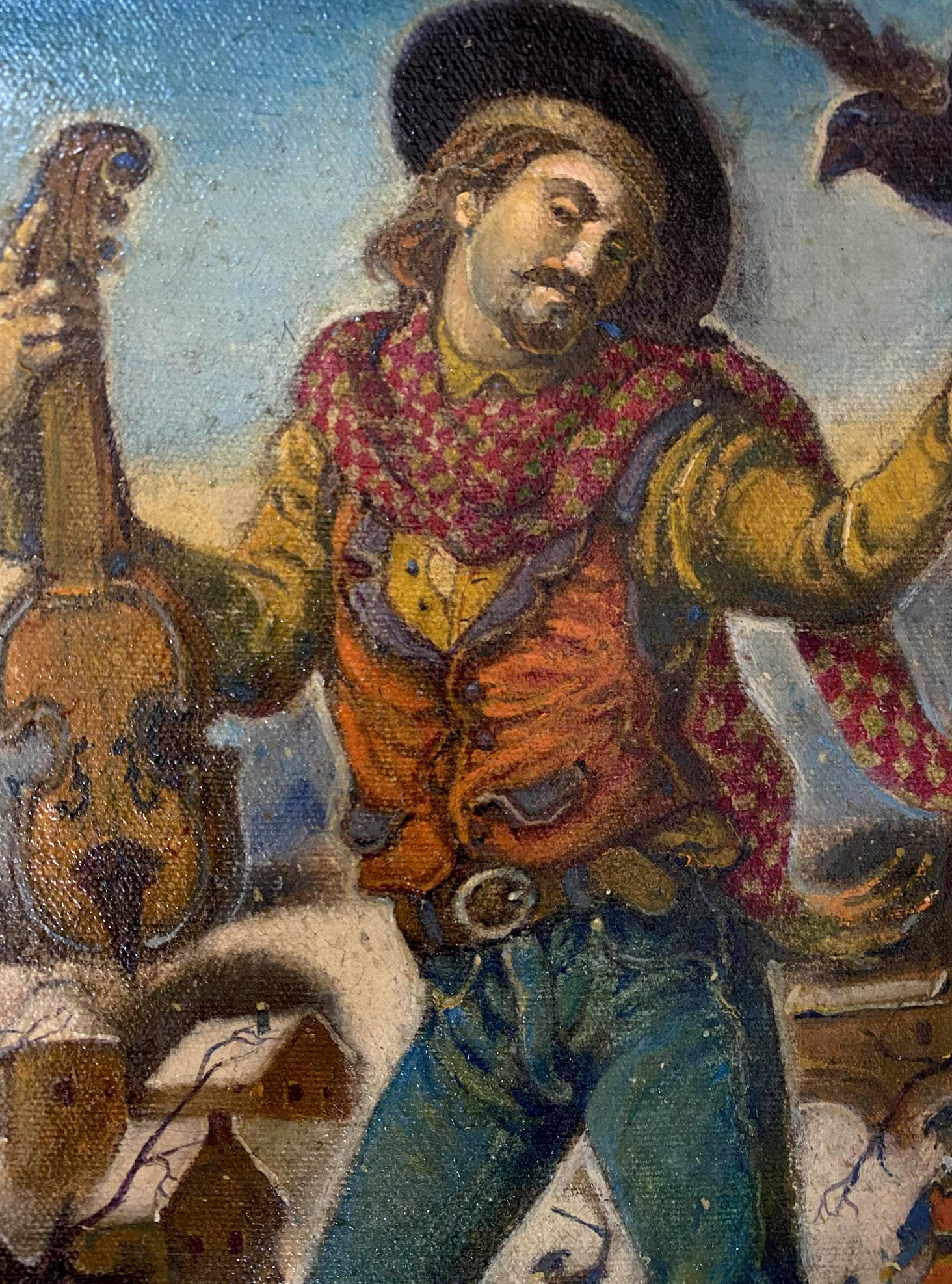 Oil painting by Litvinov Oleg Arkad’yevich: man with guitar in winter walk attire