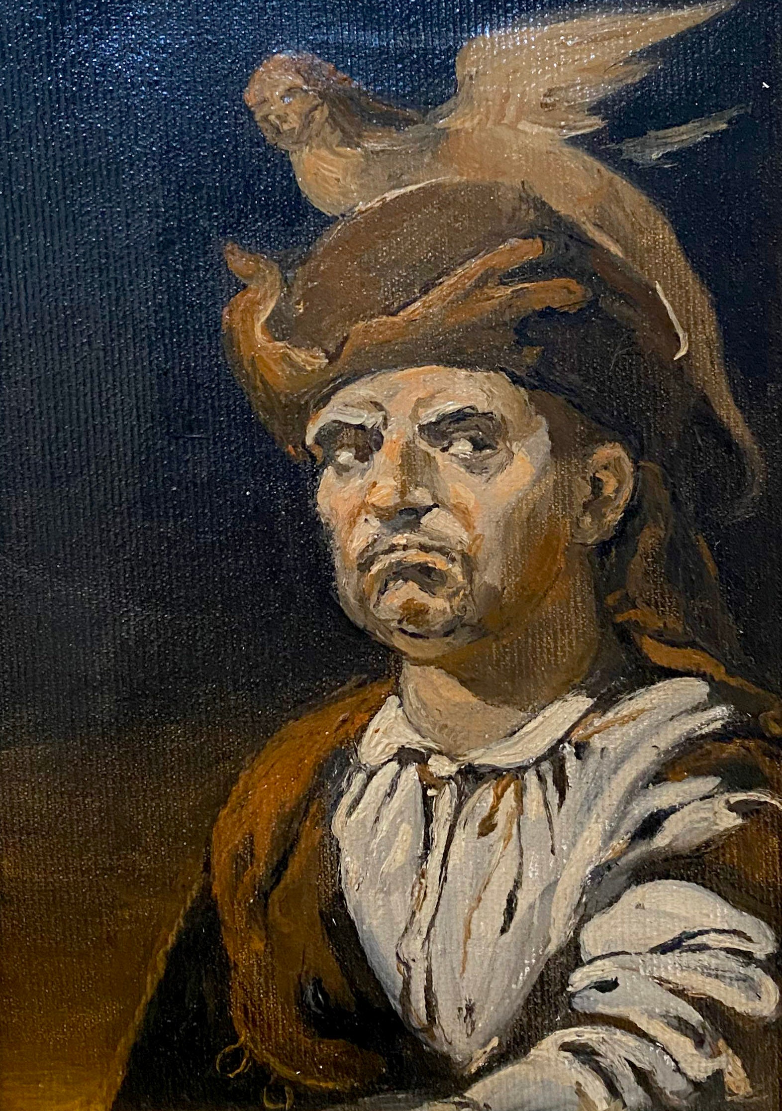Oil painting of stern man by Litvinov Oleg Arkadyevich with bird on hat