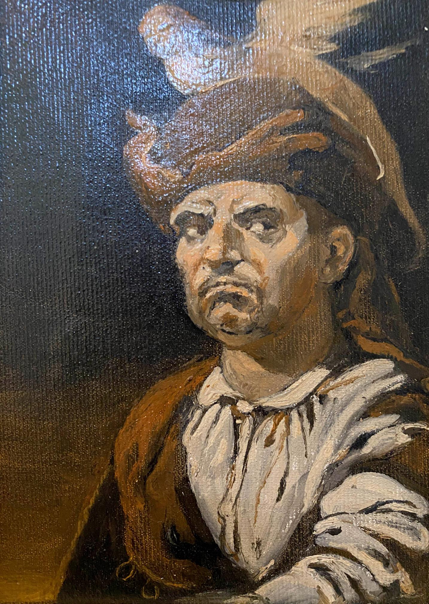 Oil painting by Litvinov Oleg Arkad’yevich: stern man in historical attire with bird on hat