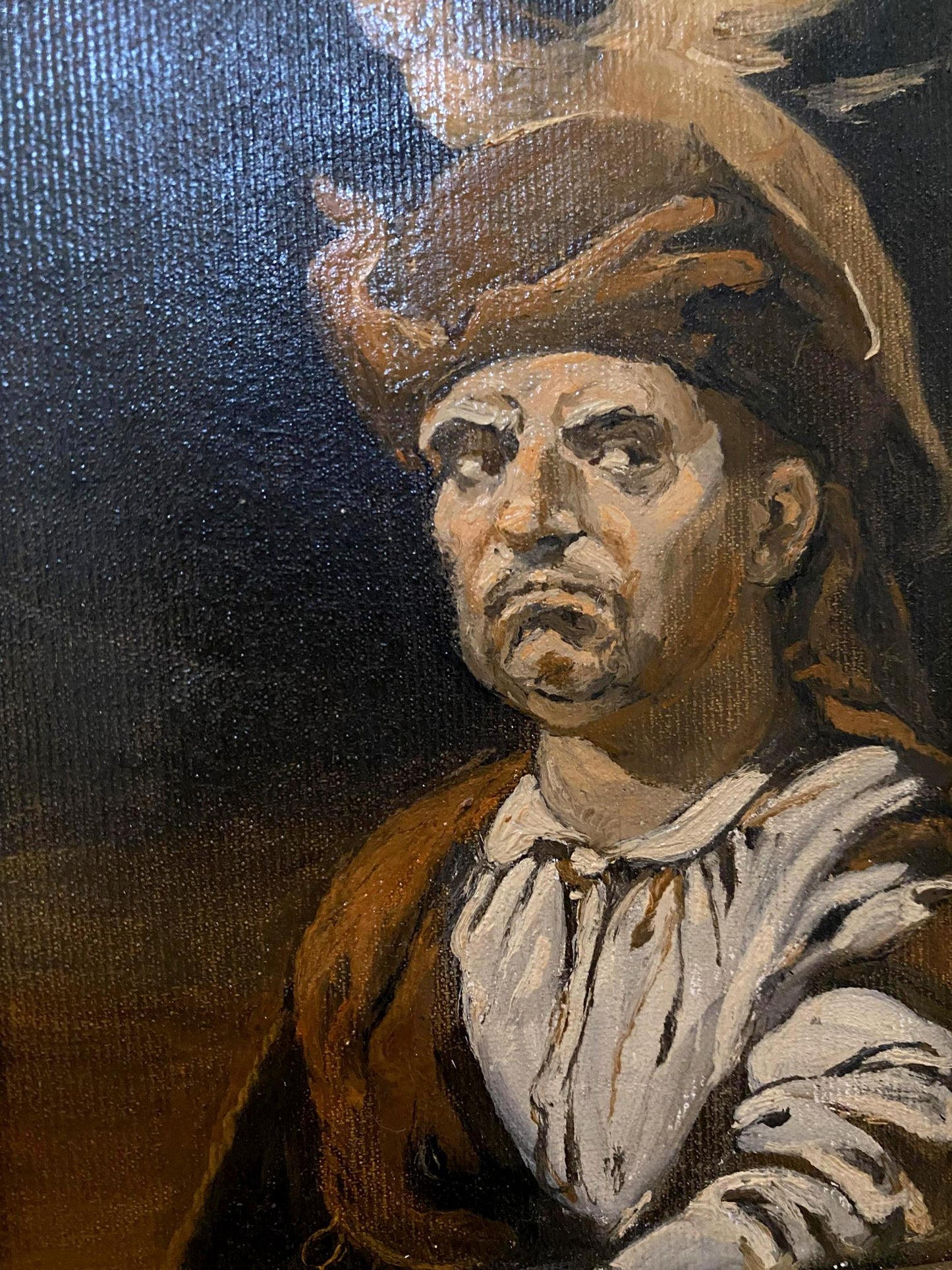 A detailed oil painting on canvas depicting a man in historical attire with a brown feathered hat and white ruffled collar.