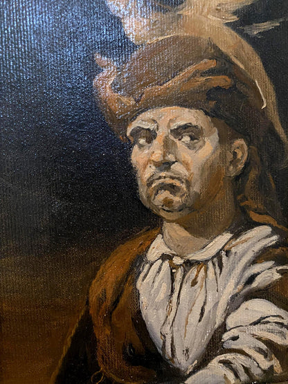 A detailed oil painting on canvas depicting a man in historical attire with a brown feathered hat and white ruffled collar.