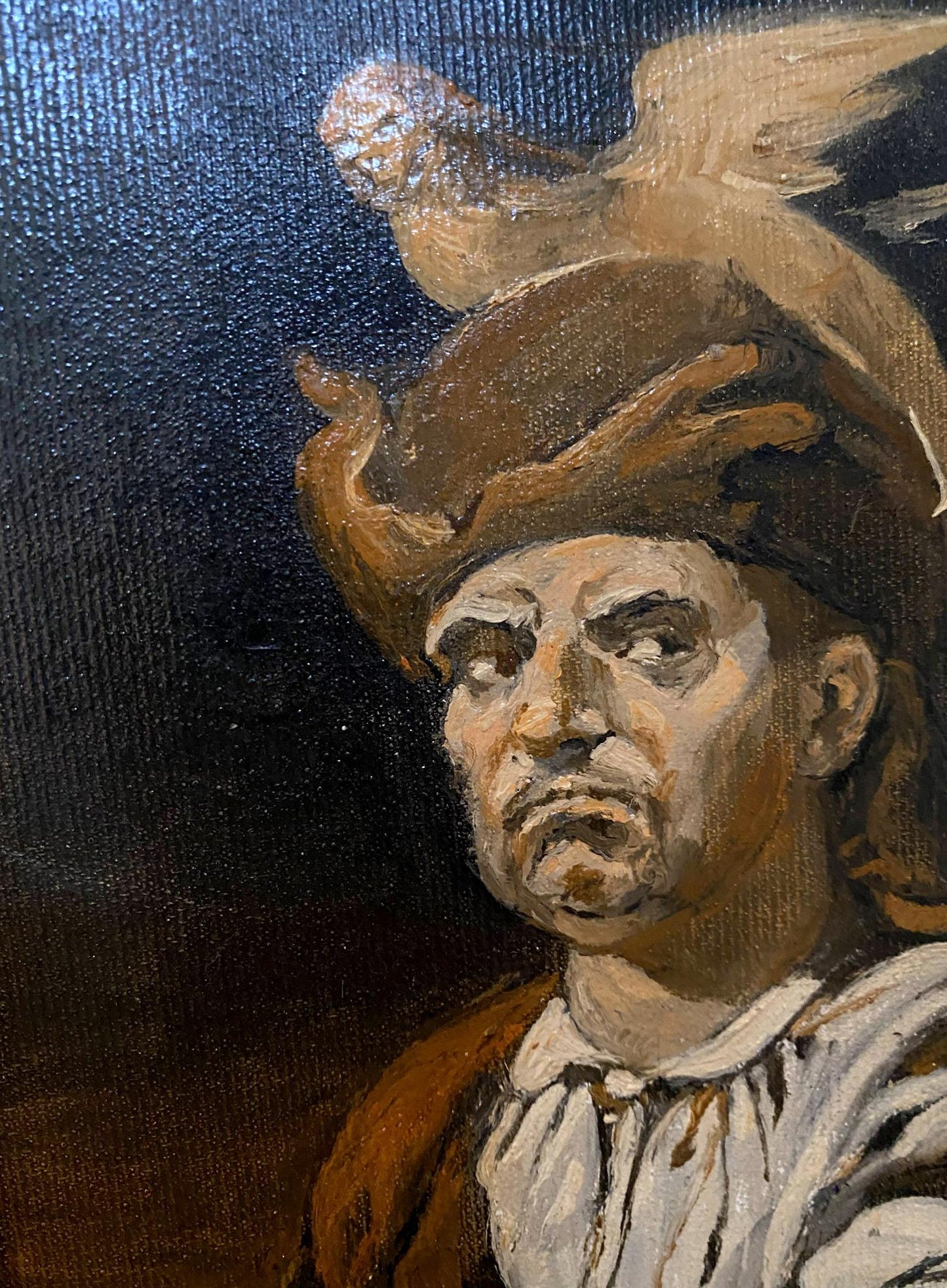 Oil painting of stern man in brown hat with bird by Litvinov Oleg Arkad’yevich