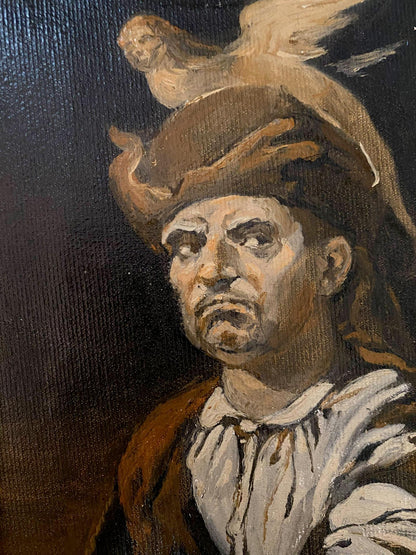 Oil painting by Litvinov Oleg Arkad’yevich: man in brown hat with bird