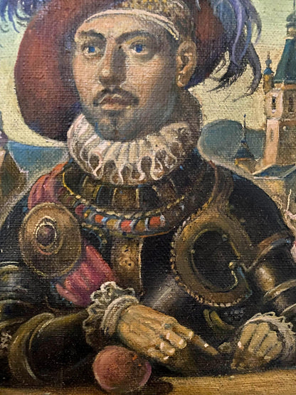 Oil painting of Litvinov Oleg Arkad’yevich brother portrait in ornate dark armor