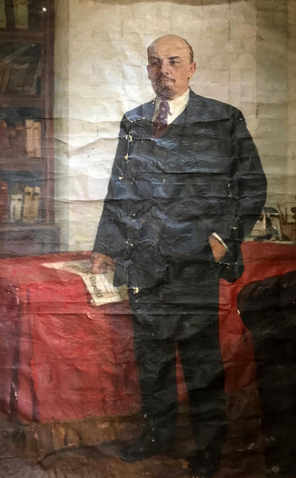 Weathered dark blue Lenin portrait oil painting by N. Nagulyak
