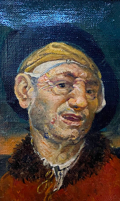 Oil painting portrait of grotesque Litvinov Oleg Arkad’yevich with yellow headband