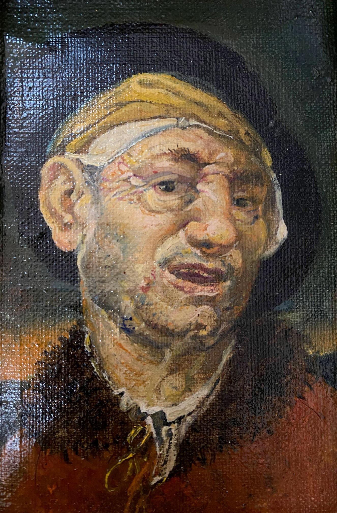 Oil painting portrait of grotesque Litvinov Oleg Arkad’yevich, elderly man with yellow headband