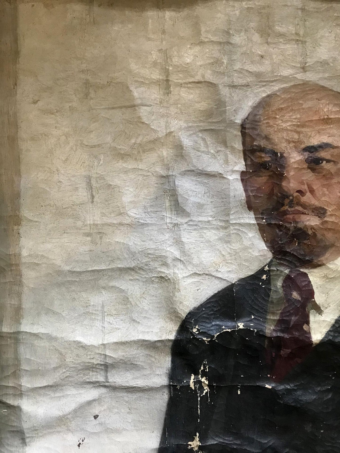 Oil painting portrait of Lenin by N. Nagulyak, weathered bald man in suit and red tie