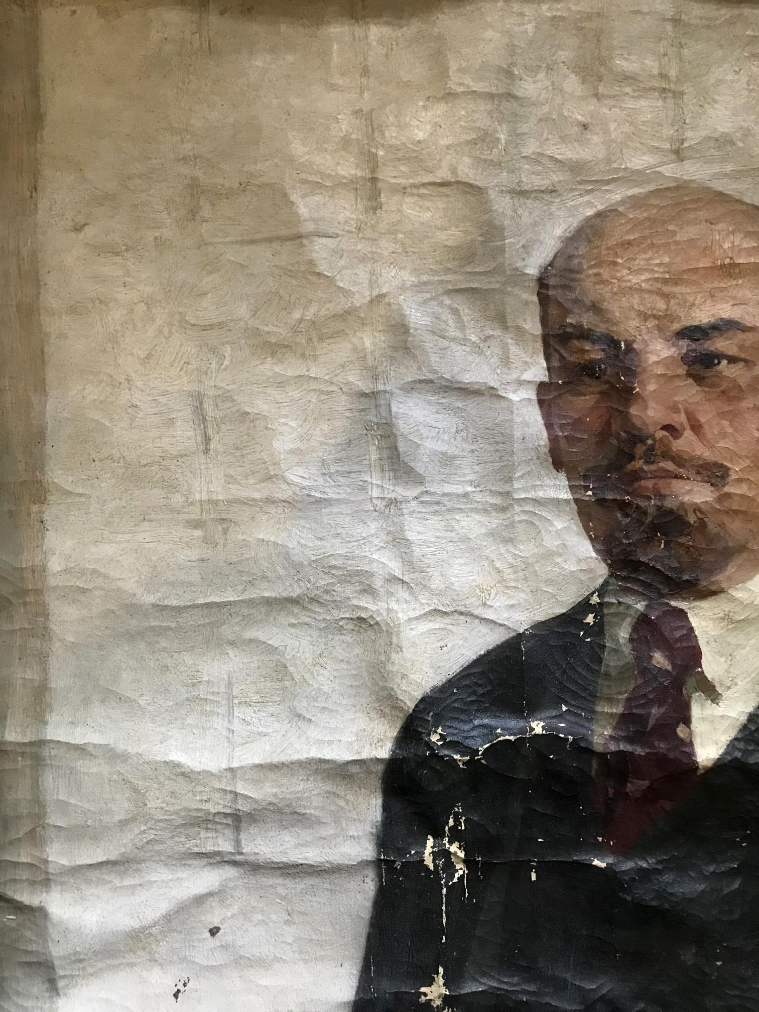 Oil painting portrait of Lenin by N. Nagulyak, weathered bald man in suit and red tie