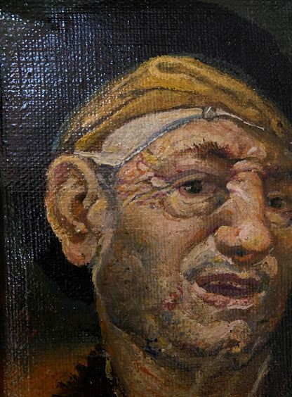 Oil painting portrait of the grotesque Litvinov Oleg Arkadyevich, textured face in earthy tones