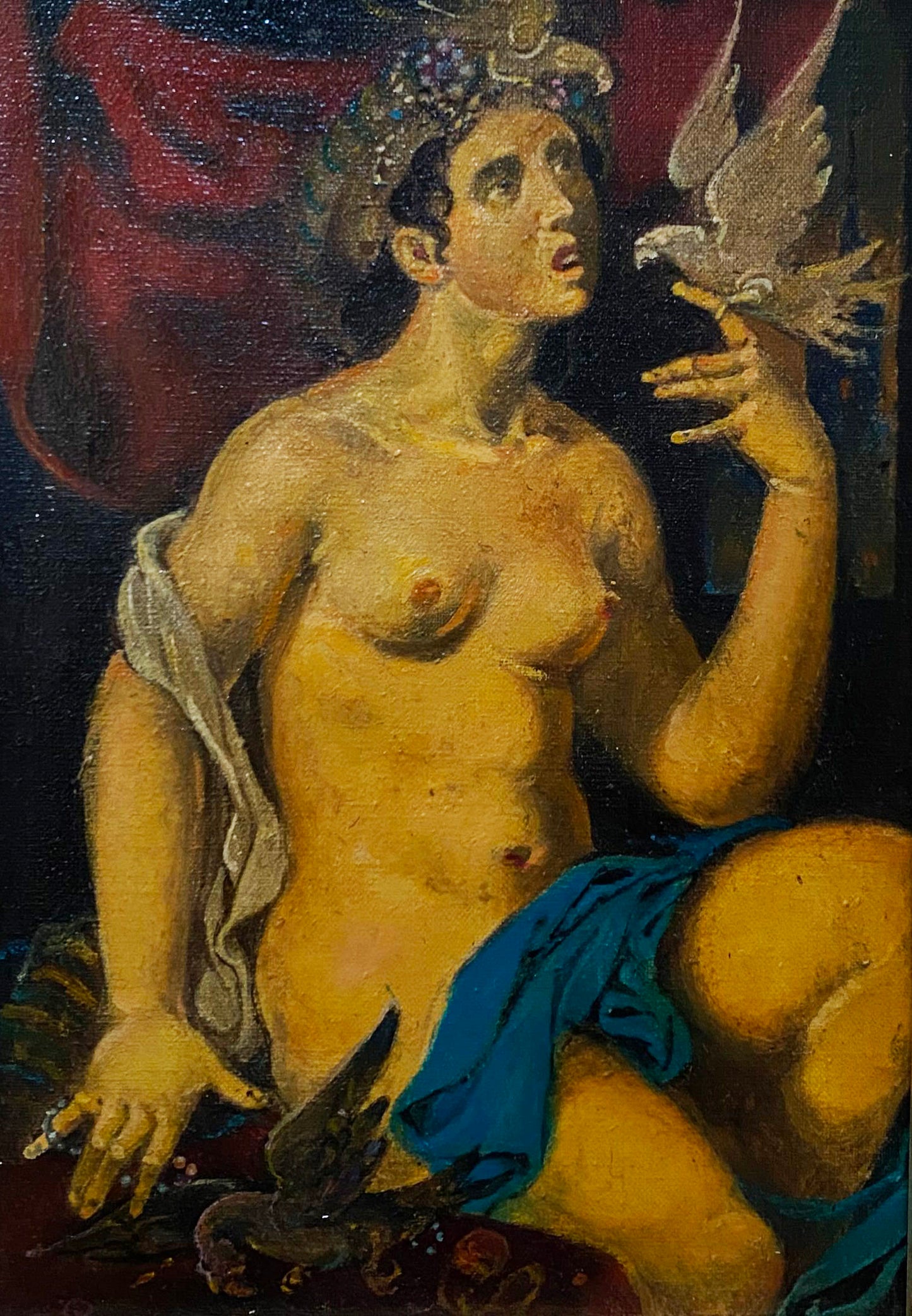Oil painting by Oleg Arkadyevich Josephine Litvinov of nude woman with floral crown holding dove