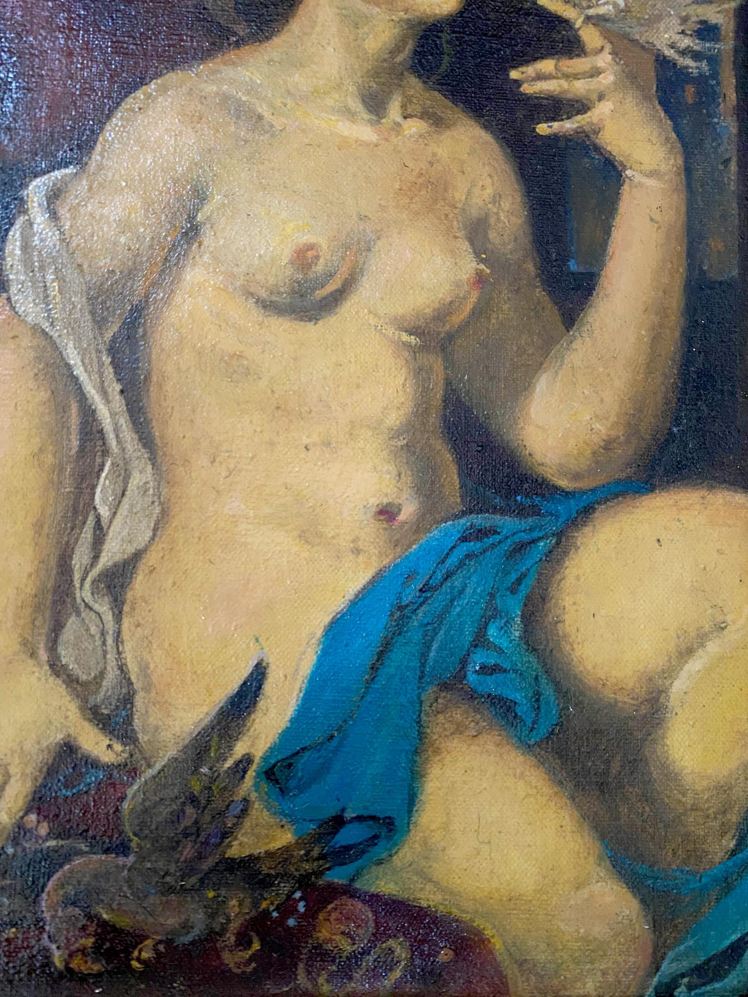 Nude female oil painting by Josephine Litvinov Oleg Arkadyevich, draped in blue cloth