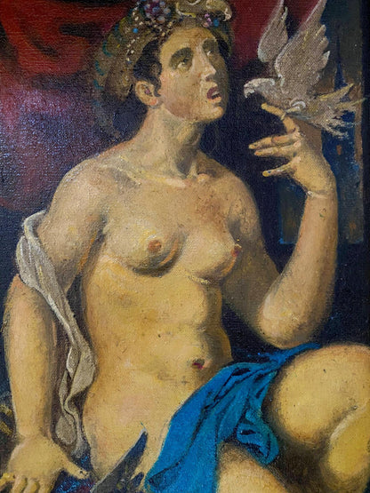 Classical oil painting by Oleg Arkad’yevich Josephine Litvinov: nude woman with dark hair, floral headwear holding dove
