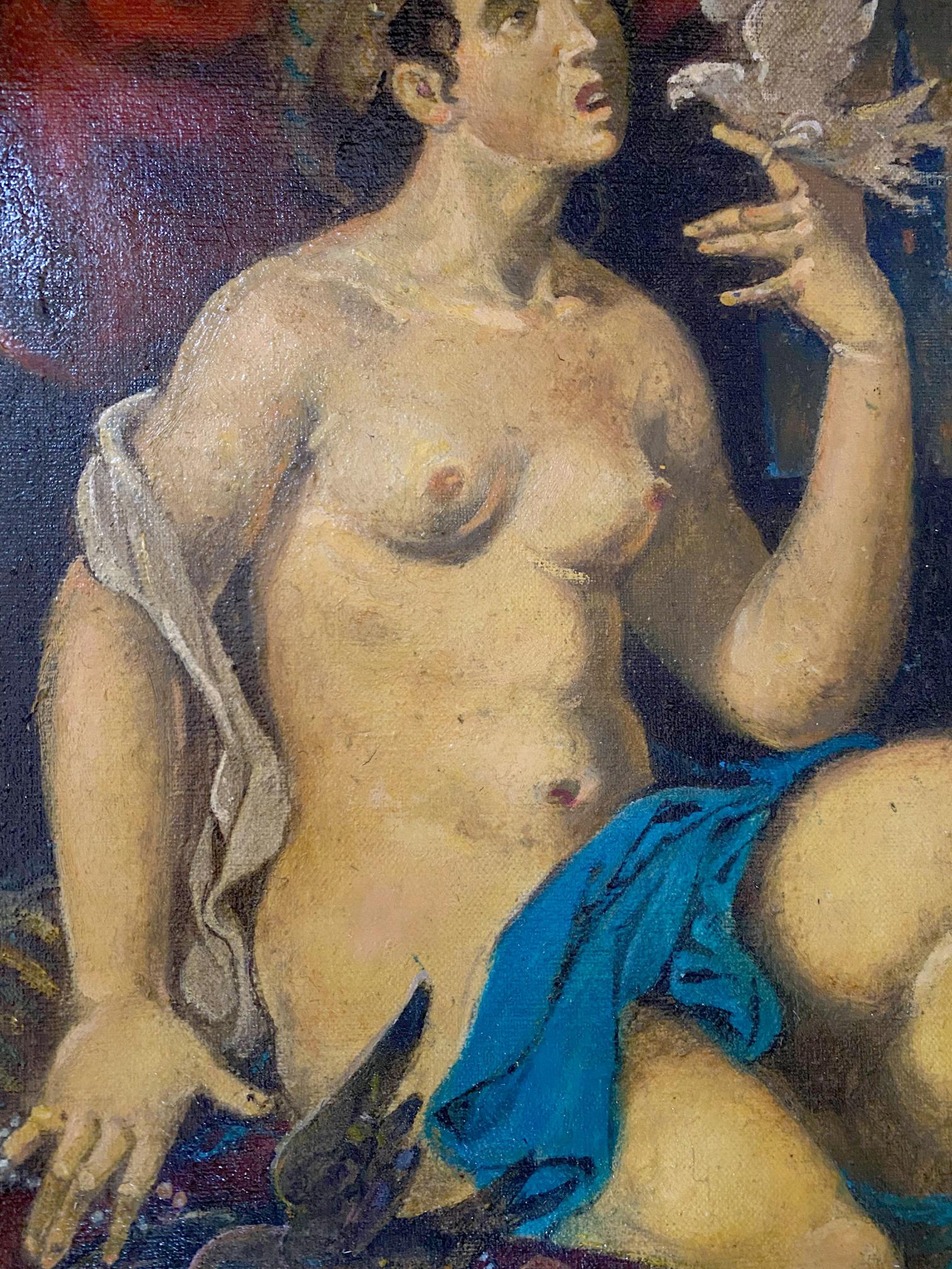 Nude female oil painting by Josephine Litvinov Oleg Arkad’yevich, draped gray cloth and blue fabric