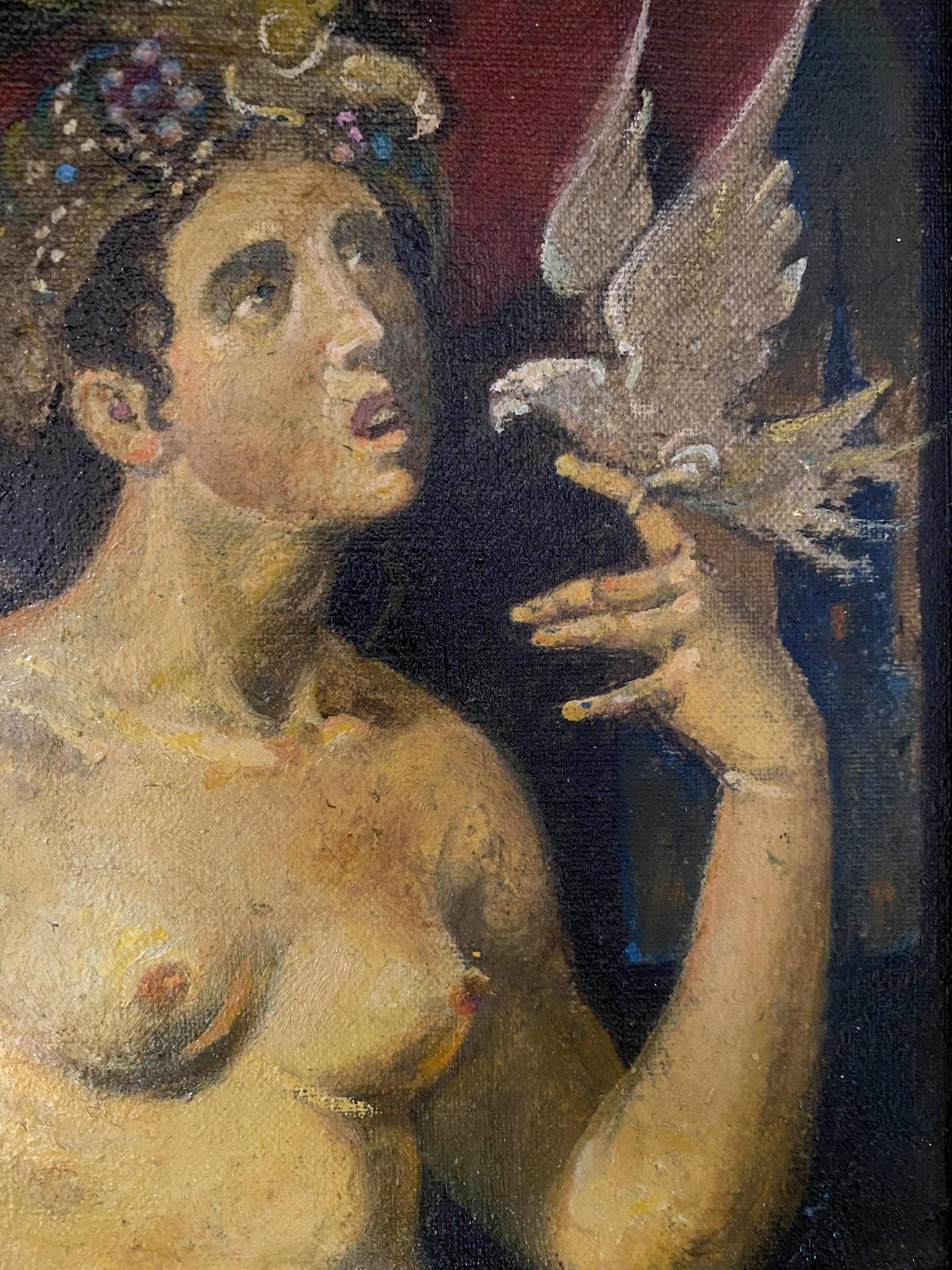 Classical oil painting by Oleg Arkadyevich Josephine Litvinov of nude woman with floral headpiece holding white dove