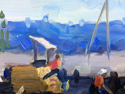 Vibrant impressionist oil painting Roads are made by Popov I. A. with blue sky and red figure