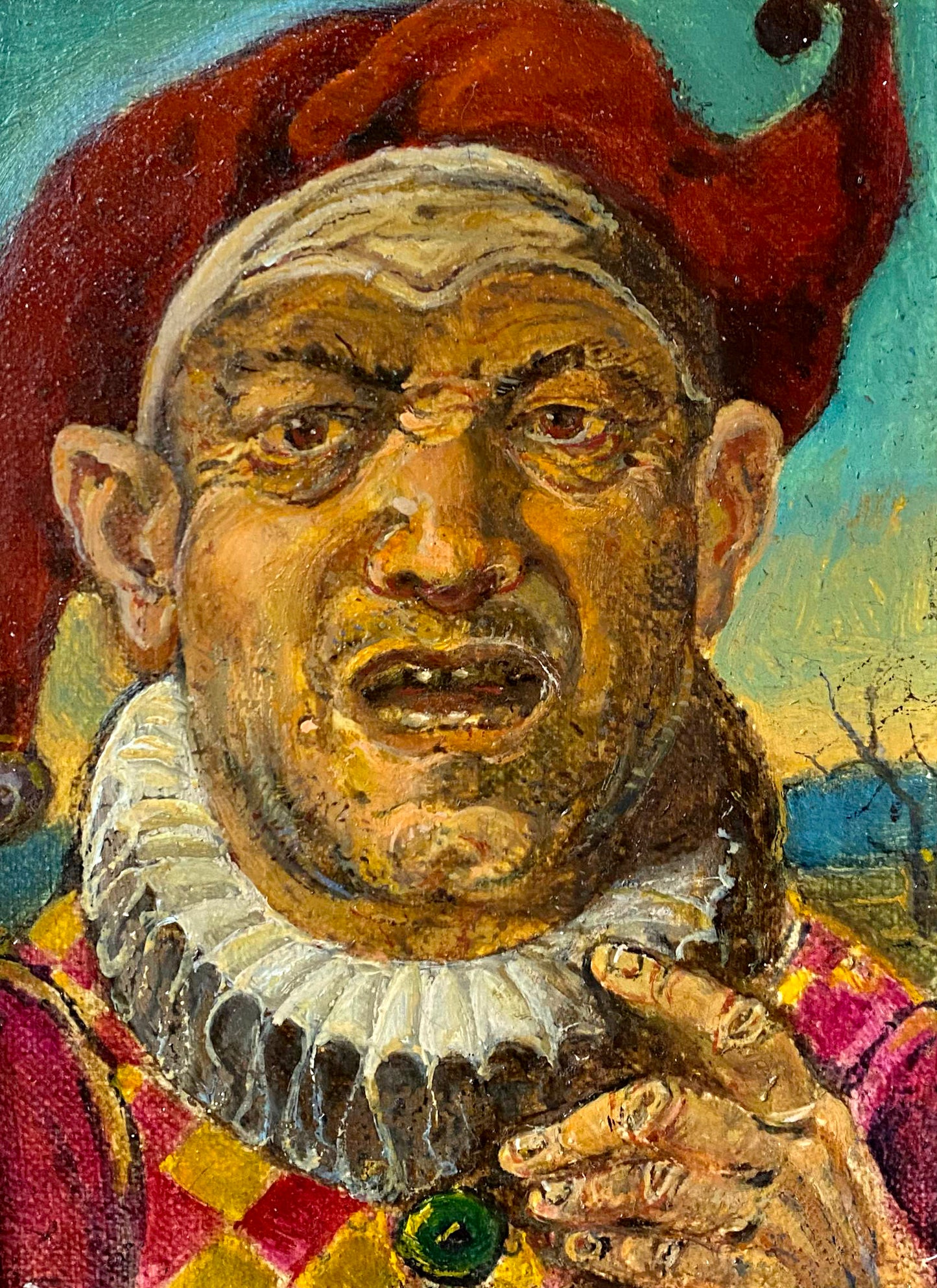 Oil painting Jester by Oleg Litvinov, textured jester in red hat