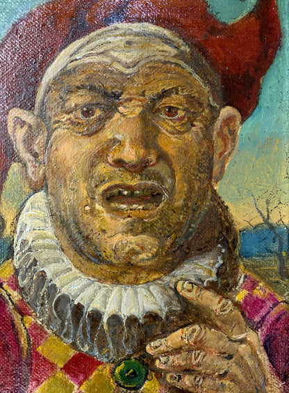 Oil painting Jester by Oleg Litvinov grimacing in checkered outfit
