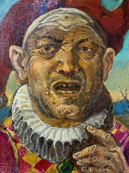 Oil painting Jester by Oleg Litvinov: grimacing clown in checkered costume