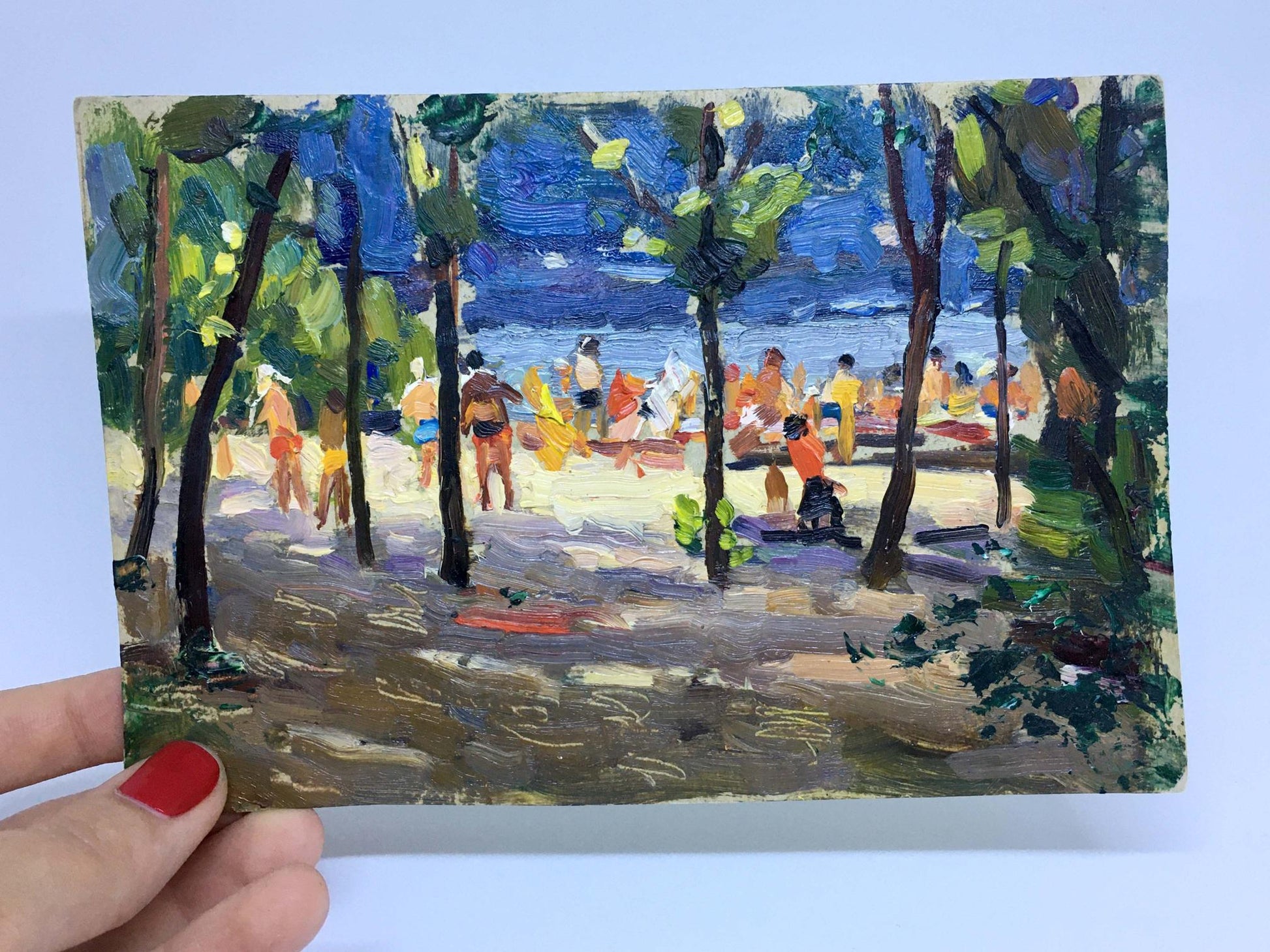 Vibrant impressionistic beach oil painting by Popov I.A. with sunbathers