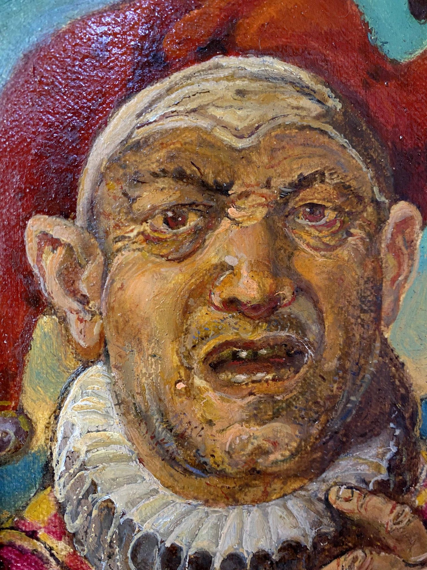Oil painting Jester by Oleg Litvinov textured mans face red background