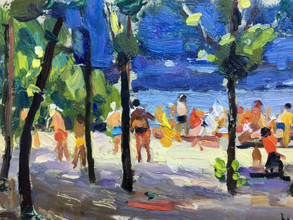 Vibrant impressionist beach oil painting by Popov I. A. with sunbathers