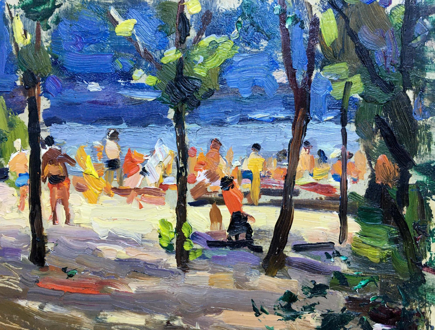 Vibrant impressionist oil painting by Popov I. A. of beach sunbathers