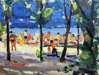 Vibrant impressionist oil painting by Popov I. A. of beach sunbathers