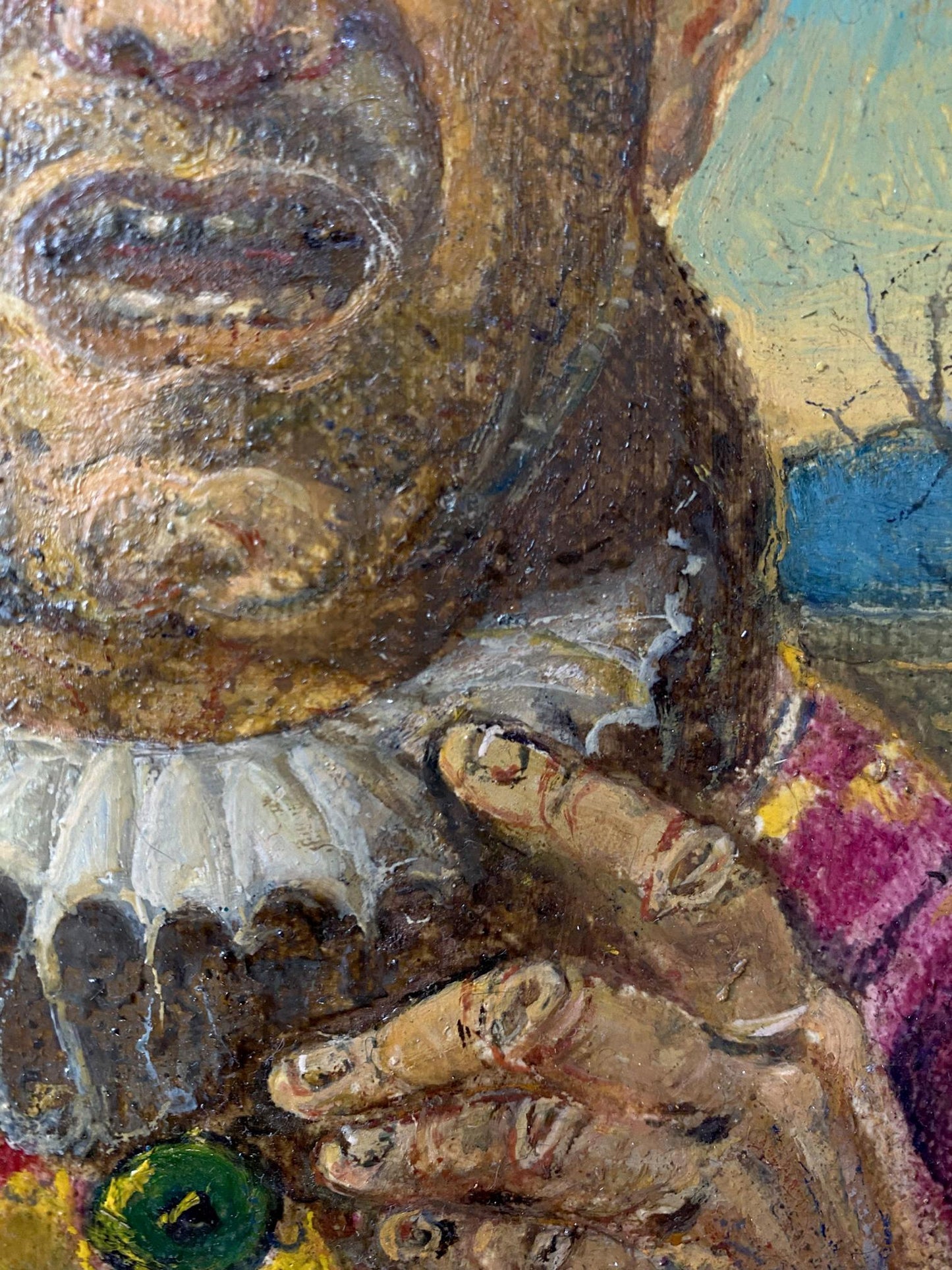 Oil painting Jester by Oleg Litvinov, expressive face over ruffled collar
