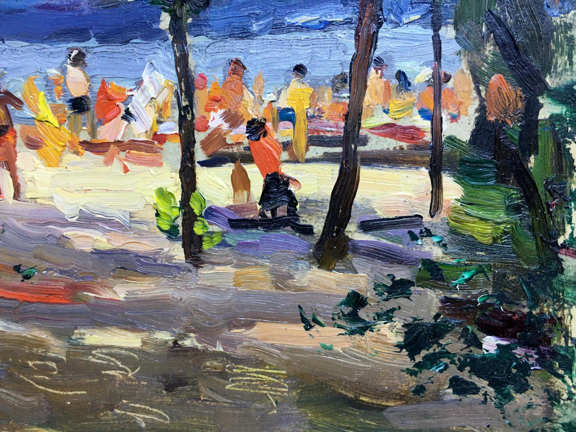 Vibrant impressionist beach oil painting by Popov I. A. with sunbathing figures