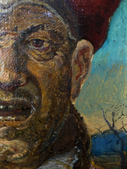 Oil painting Jester by Oleg Litvinov, textured portrait with red hat