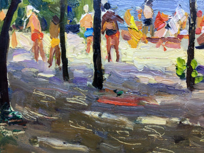 Vibrant impressionist oil painting by Popov I.A. of people sunbathing on beach