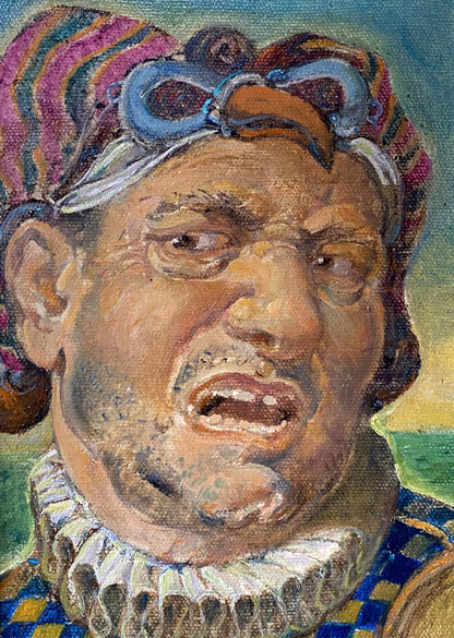 Oil painting portrait of male jester by Oleg Litvinov