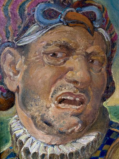 Oil painting portrait of male jester by Oleg Litvinov