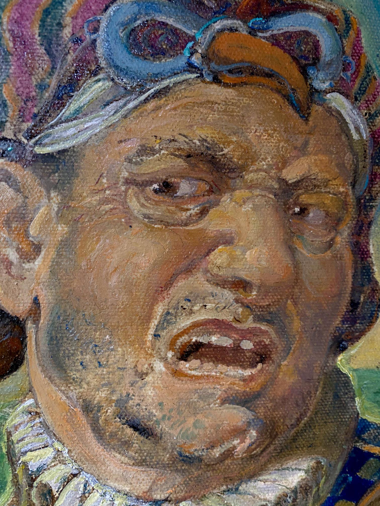 Oil painting portrait of male jester by Oleg Litvinov, textured face