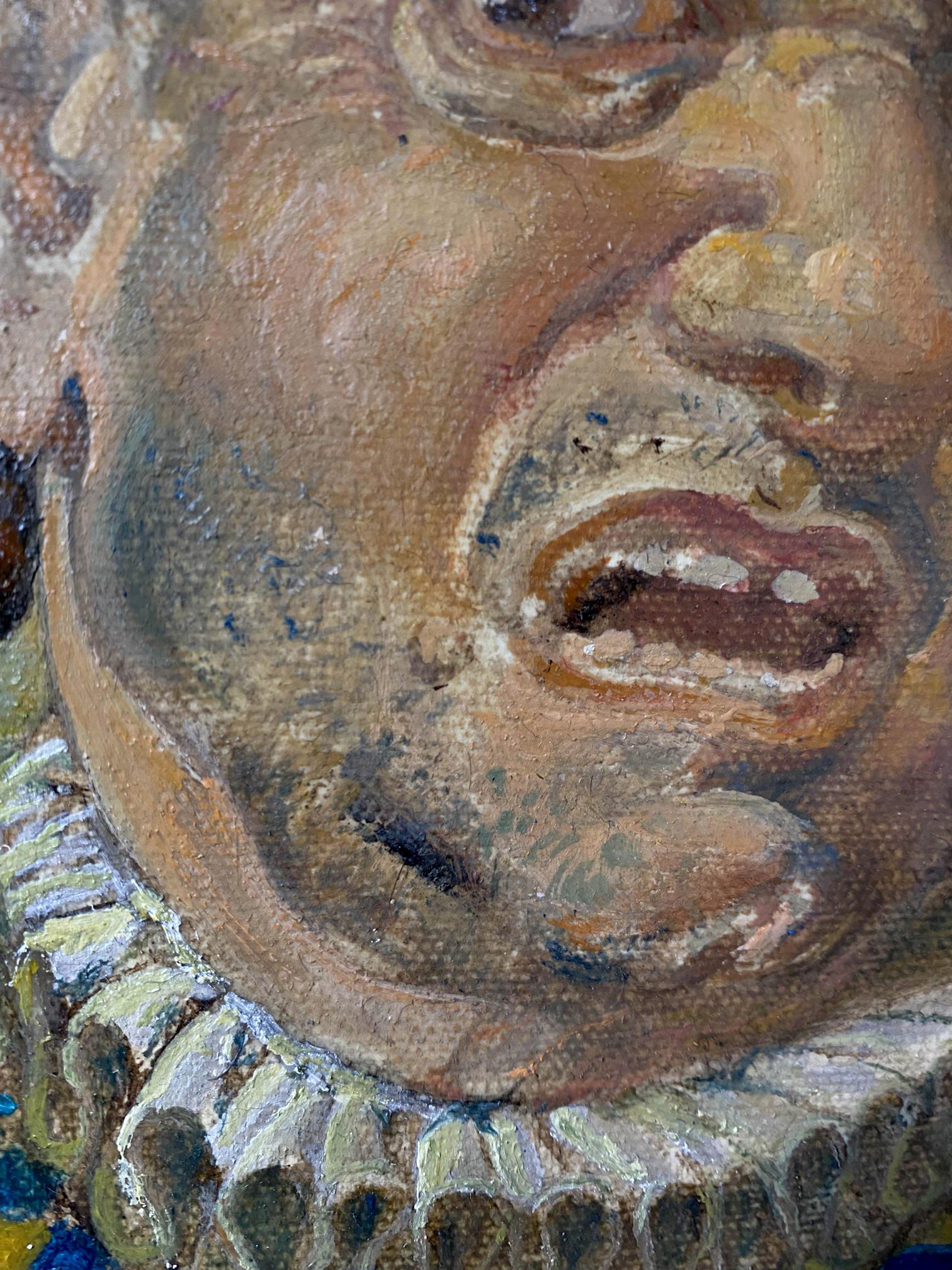 Weathered wooden face sculpture in Oleg Litvinov jester oil portrait
