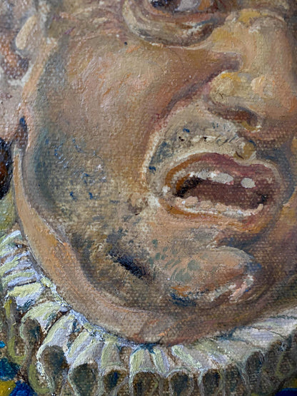 Weathered wooden face sculpture in Oleg Litvinov jester oil portrait
