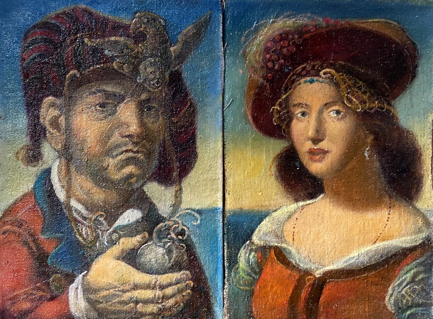 Oil painting by Litvinov Oleg Arkad’yevich: man in red blue attire holds ornate silver grenade beside woman in red hat with gold trim