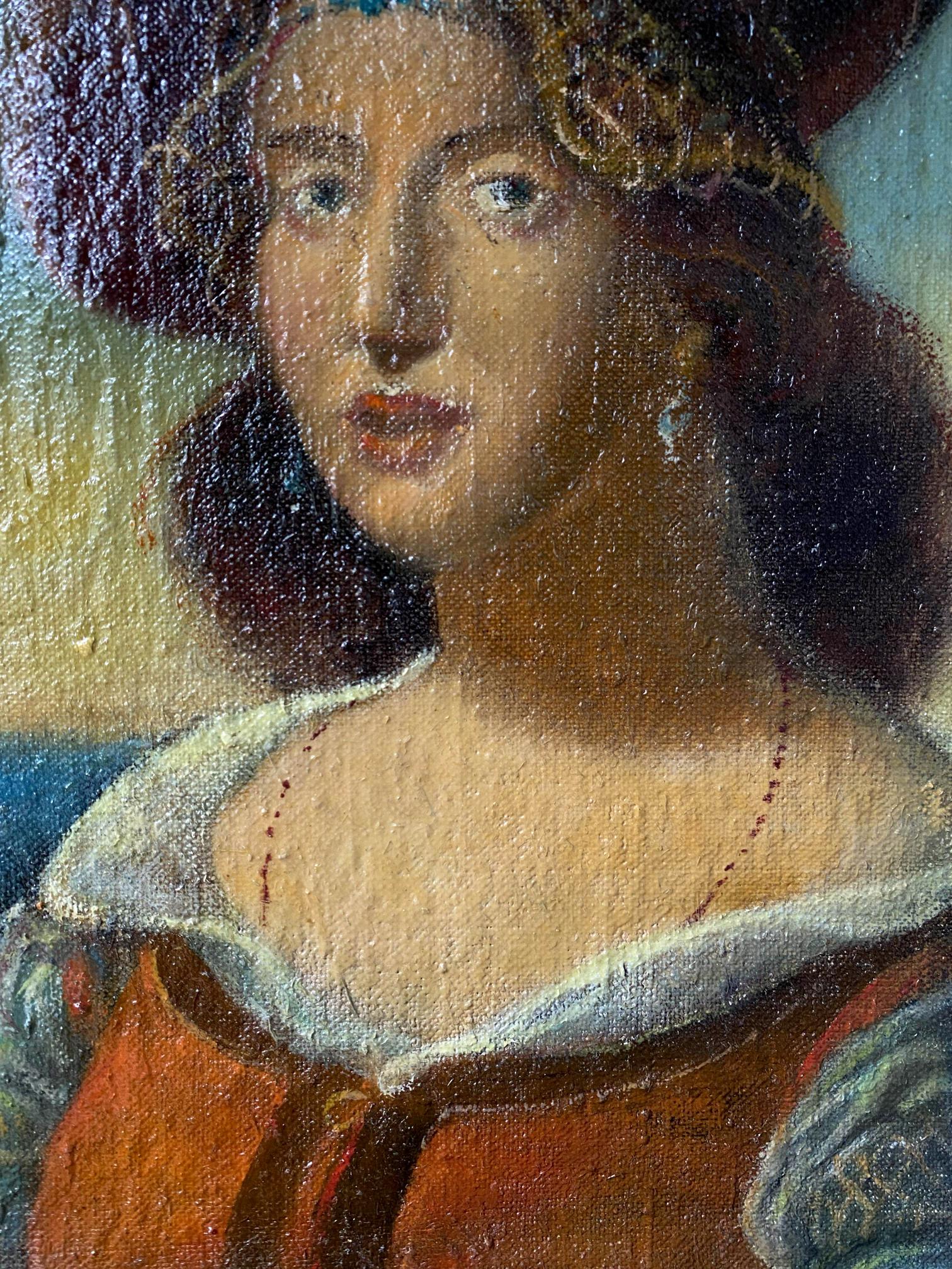 Oil painting portrait by Litvinov Oleg Arkad’yevich of woman in red white embroidered gown