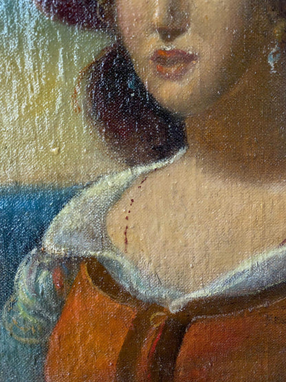 Close-up of Litvinov Oleg Arkad’yevich oil painting of woman in orange garment