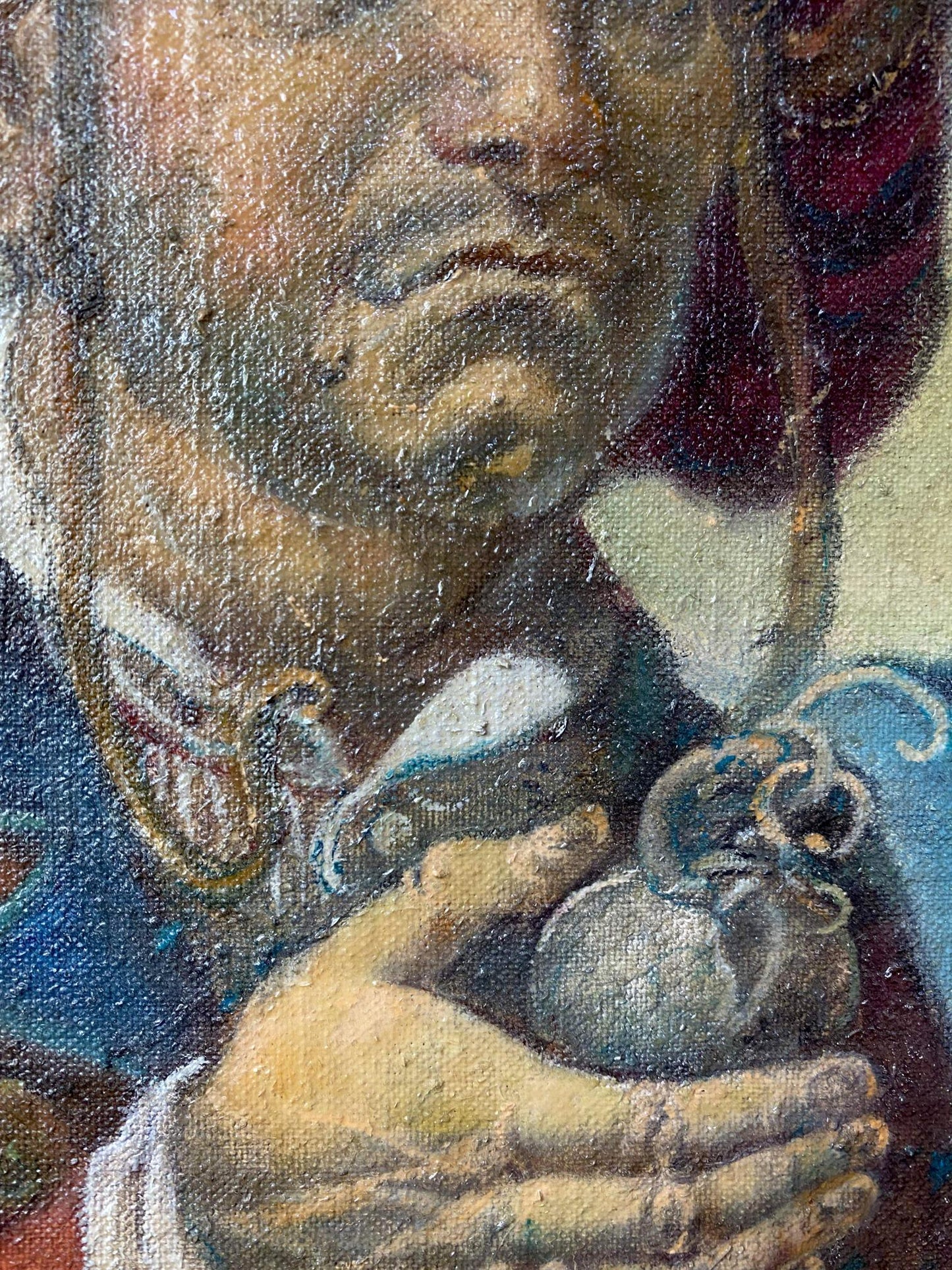 Oil painting by Litvinov Oleg Arkad’yevich of hand cradling ornate silver grenade