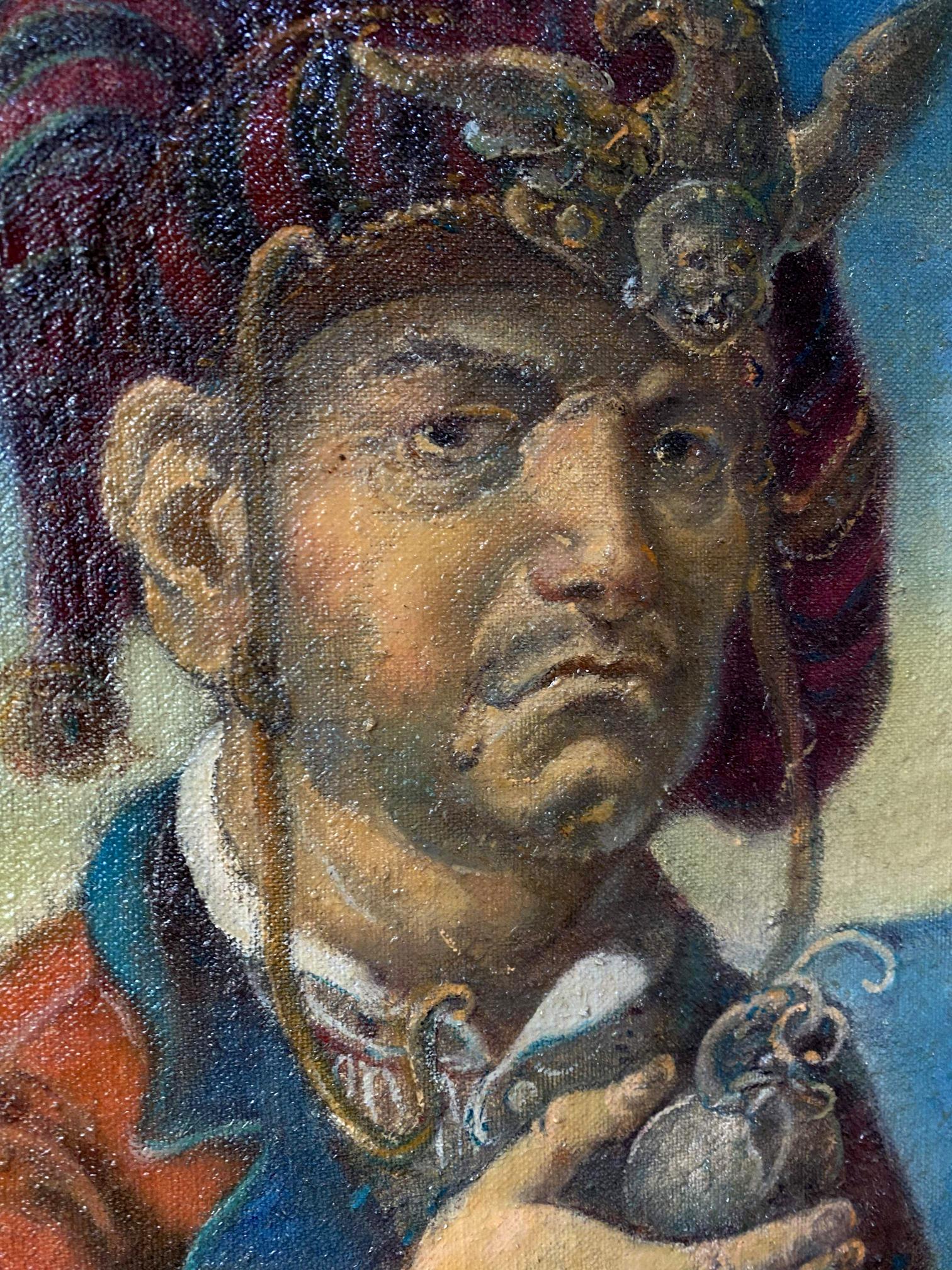 Oil painting portrait by Litvinov Oleg Arkad’yevich of man in ornate red gold feathered skull headdress