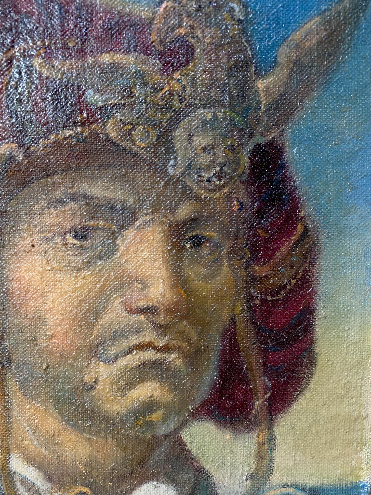Textured oil painting portrait by Litvinov Oleg Arkad’yevich of man in ornate dark red gold helmet