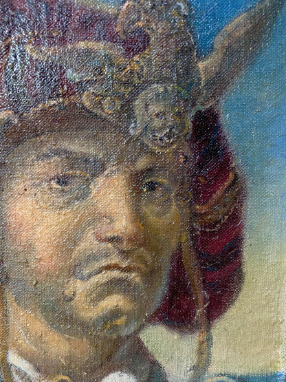 Textured oil painting portrait by Litvinov Oleg Arkad’yevich of man in ornate dark red gold helmet
