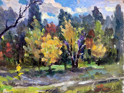 Vibrant Golden Autumn Popov I.A. oil painting of textured forest in rich fall colors