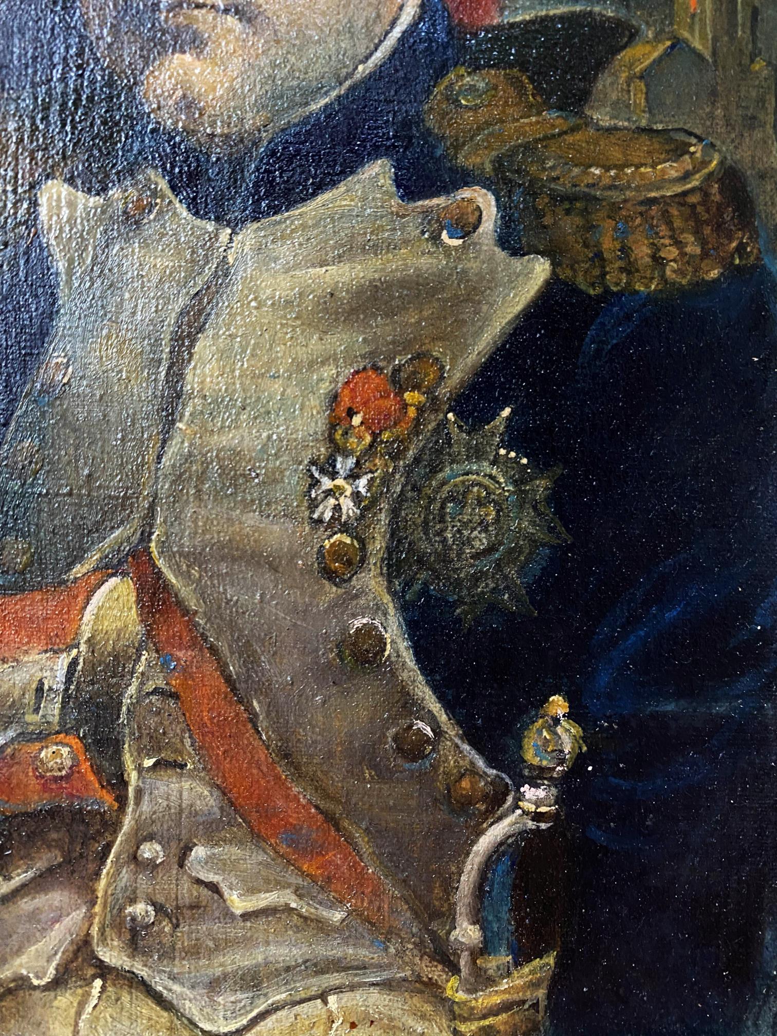 Detailed silver-gray epaulette with gold buttons in Napoleon portrait oil painting by Litvinov