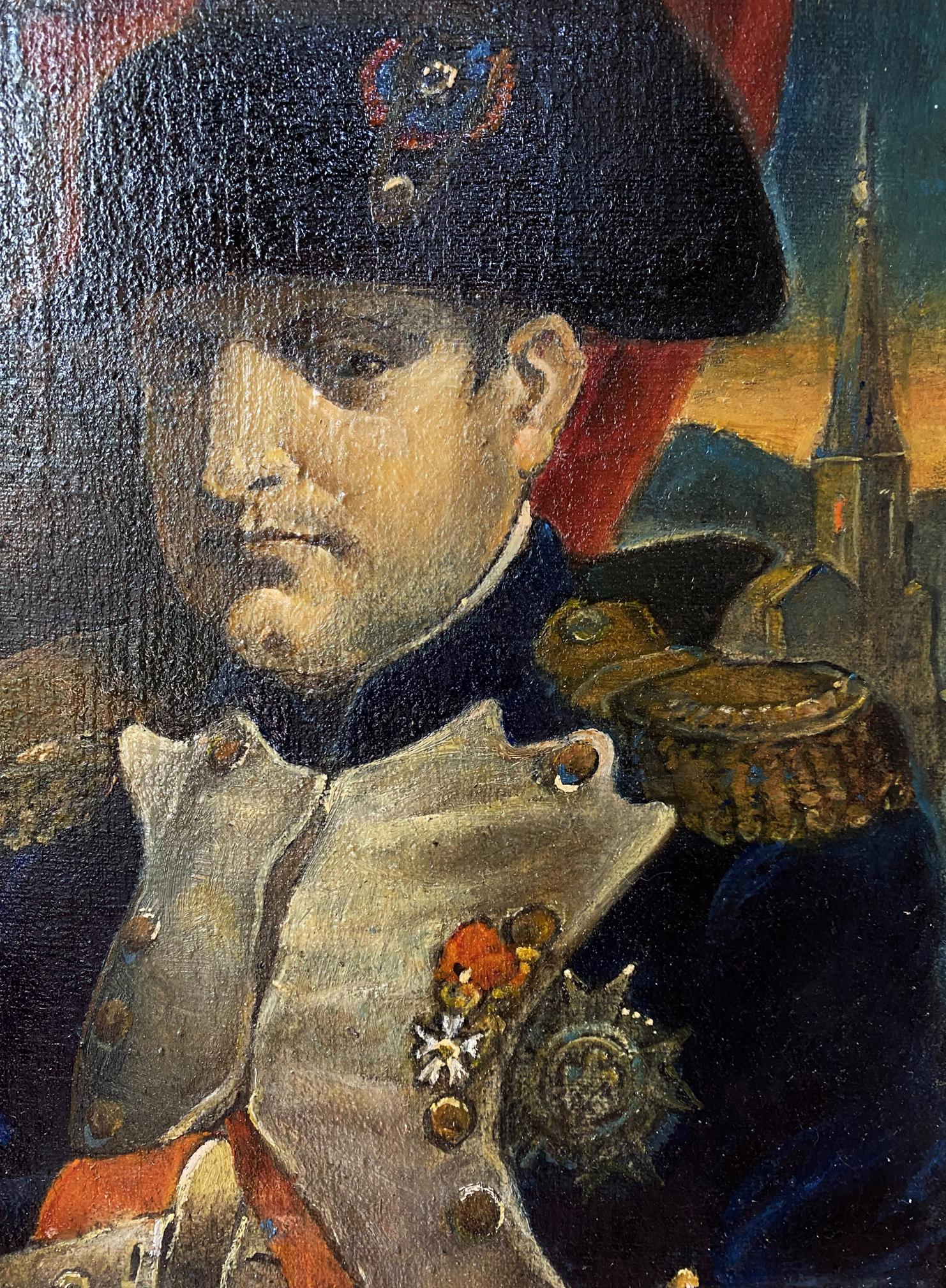 Dark blue military hat with colorful emblem in Napoleon Litvinov Oleg Arkadyevich oil portrait