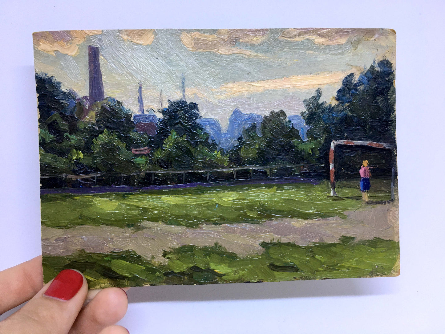 Oil painting Football field I. Popov: green field with trees and smokestacks